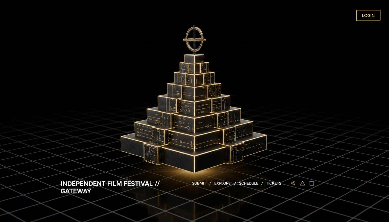 Abstract monumental tower built from luminous black and gold blocks.