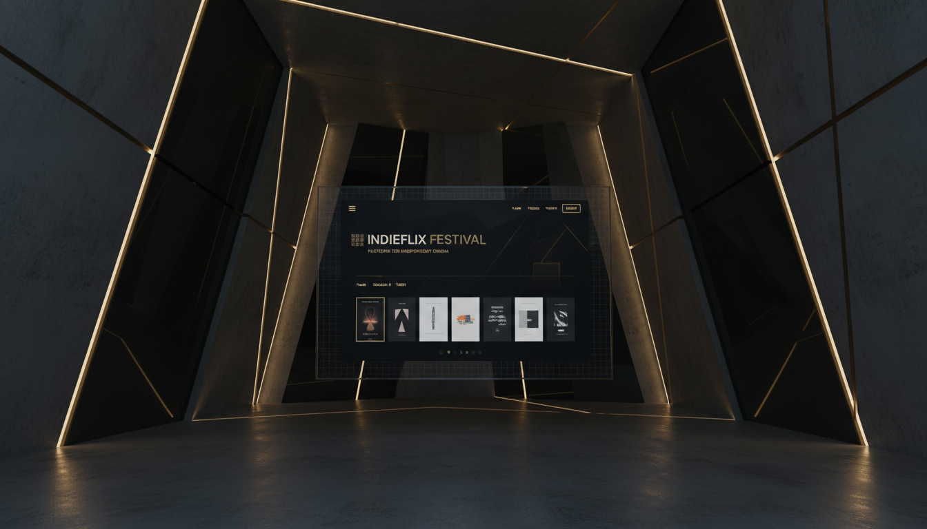 A monumental screening-space interior with architectural brass lighting.