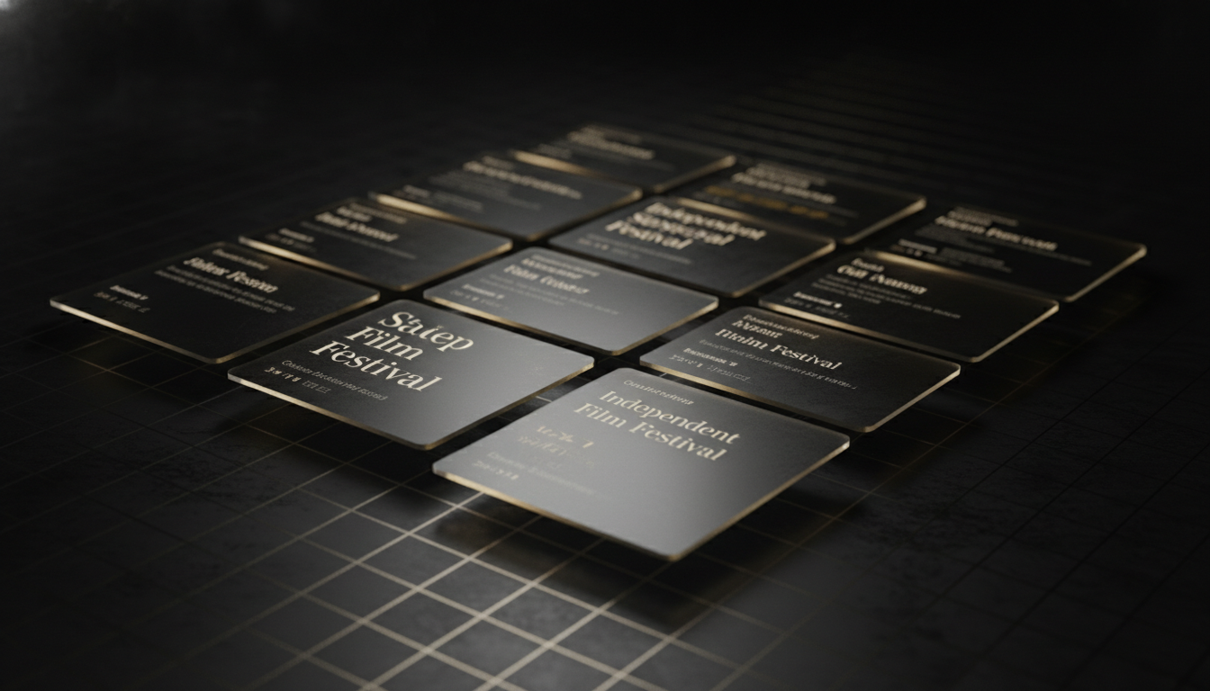 Premium festival cards arranged on a dark grid surface.