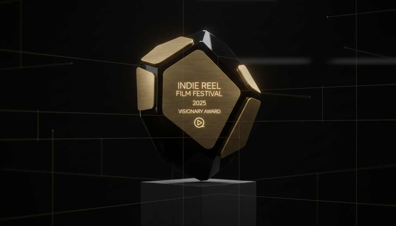 A polished brass and obsidian award object on a pedestal.